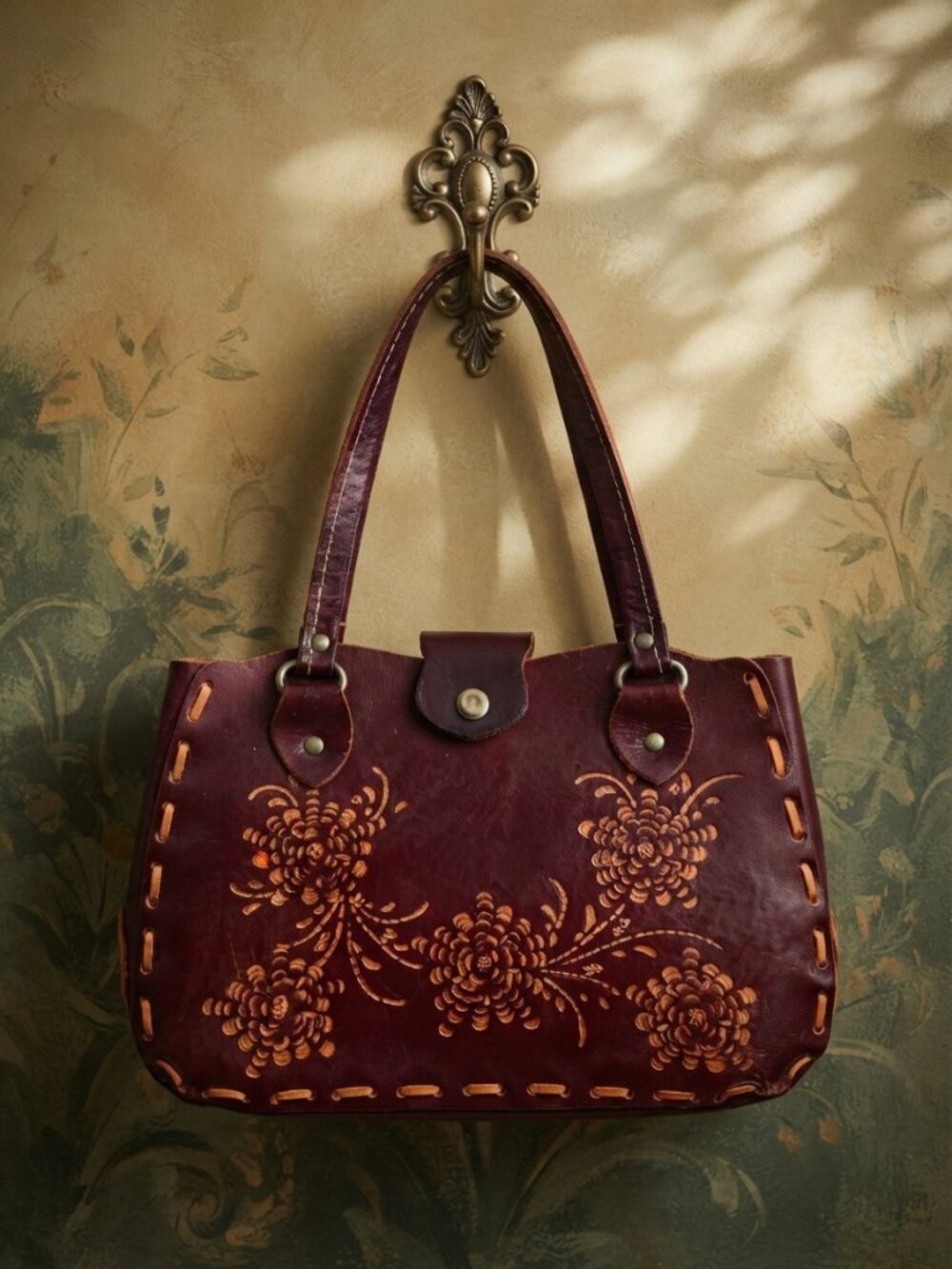 Wabags Vintage Tooled Leather Floral Tote Purse Burgundy Maroon